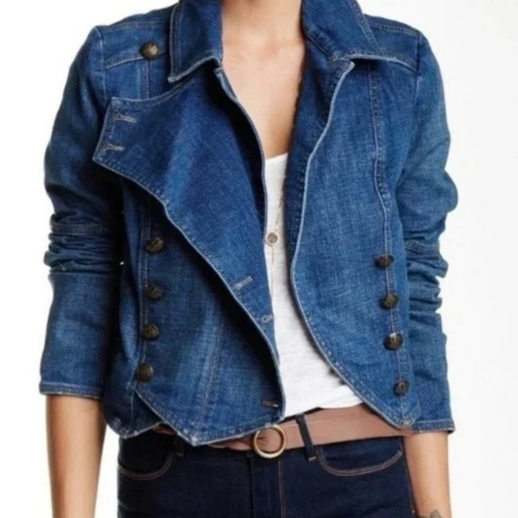 Free People Military Band Denim Jacket in Vintage Blue Moto Jacket Size XS - Picture 2 of 15